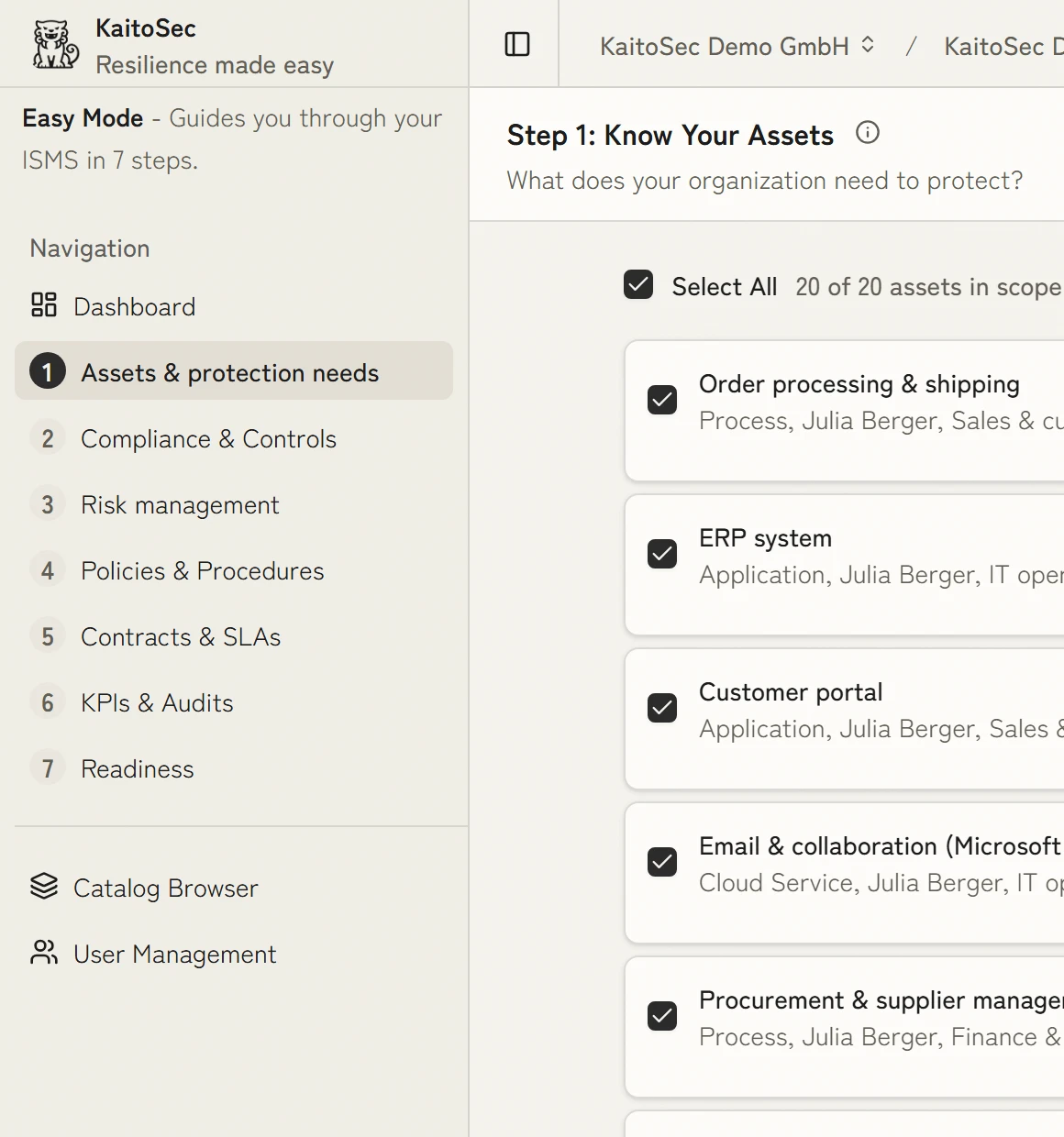 The assets in easy mode: step 1 of 7, the sidebar with numbered steps and every asset as a card to tick off.